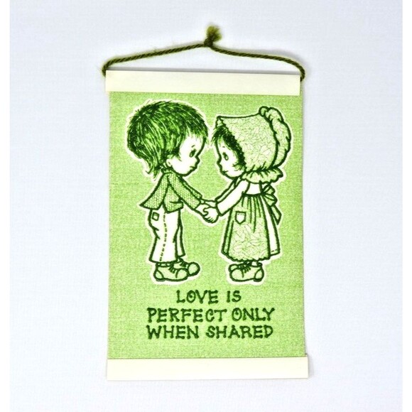 Vtg Love Perfect Only When Shared Boy Girl Green Raised Plastic Mini 4x6" Sign - Picture 1 of 5